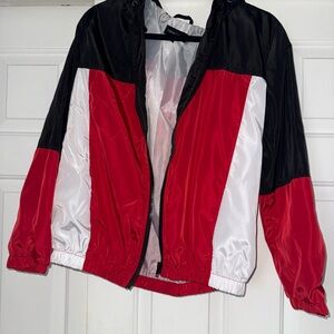 Red, Black, and White Windbreaker Jacket